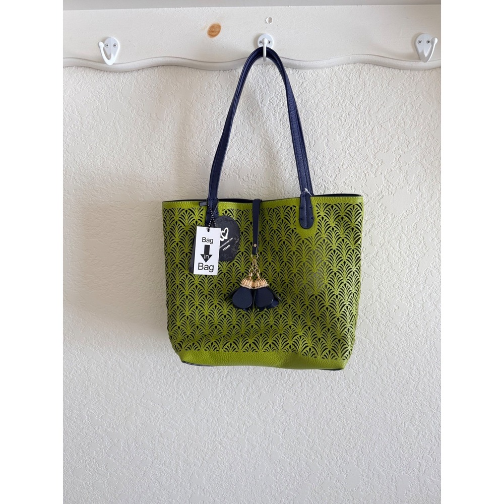 Reversible Lime Green & Navy Laser Cut Tote Bag Vegan Leather NWT